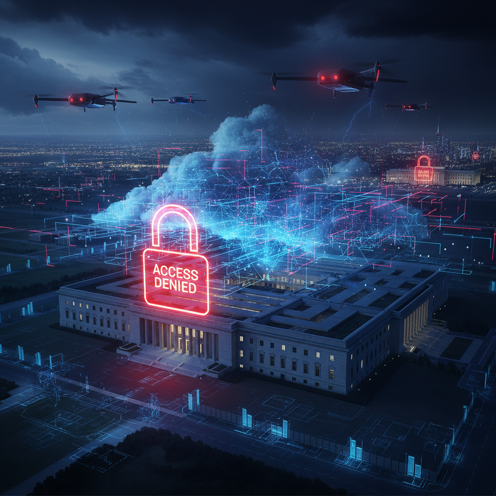 A cybernetic Pentagon under a digital blockade representing AI supply chain risk