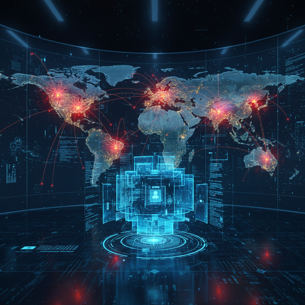 A futuristic cyber warfare map visualization showing DDoS attack mitigation and password security vault
