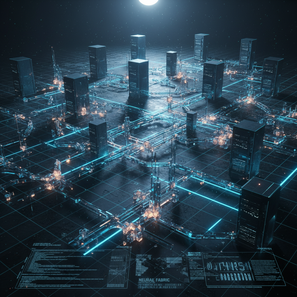 Abstract high-tech visualization of decentralized AI agents and neural connection nodes replacing traditional microservices