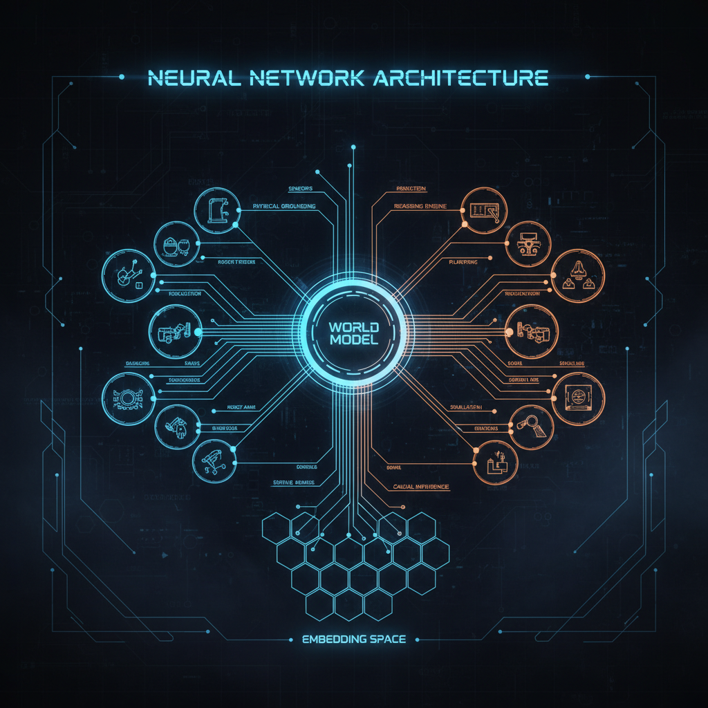 Technical visualization of World Models AI architecture